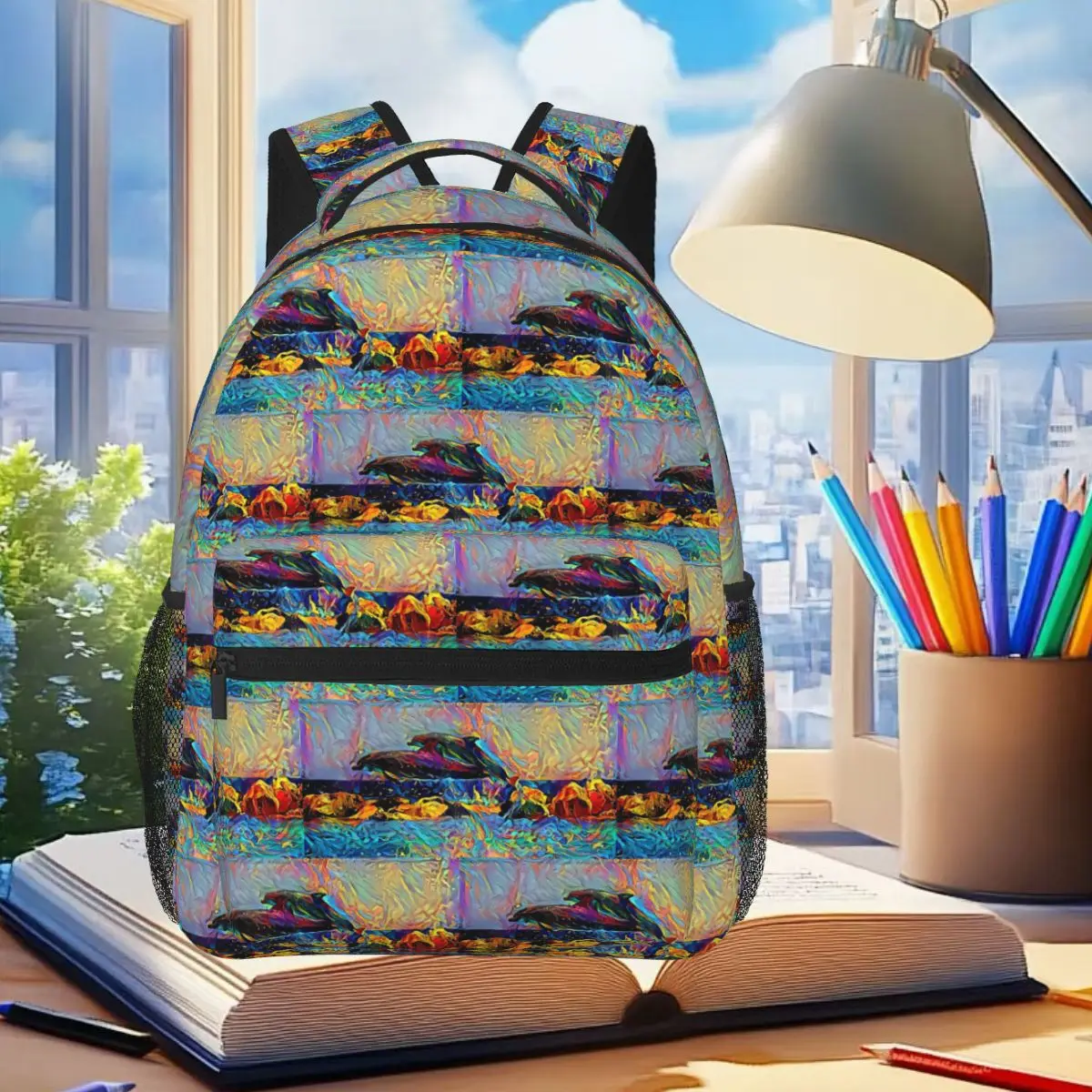 

Dolphin Dance At Sunset Student Backpack School Bag Hiking Travel Daypack for Men Women Fashion Bookbag Shoulder Bags