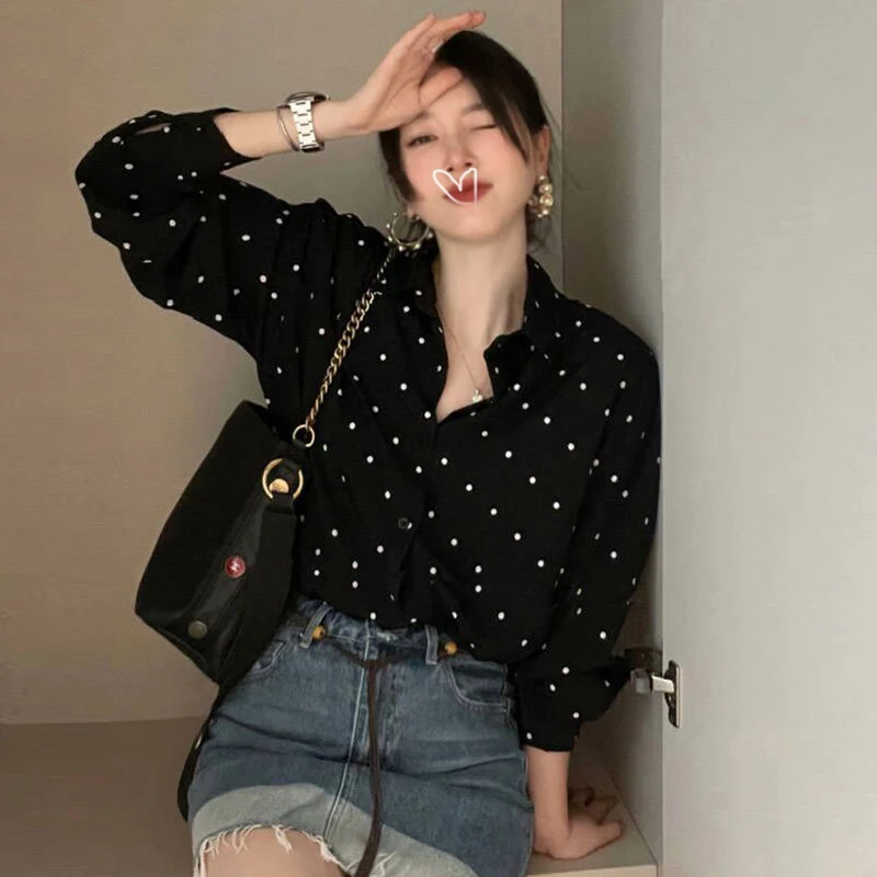 한국 패션 레트로 셔츠, 용수철 가을 프린트 히트 컬러 물방울 무늬, 루즈 캐주얼 단추 긴팔 여성 셔츠, 2024 신상