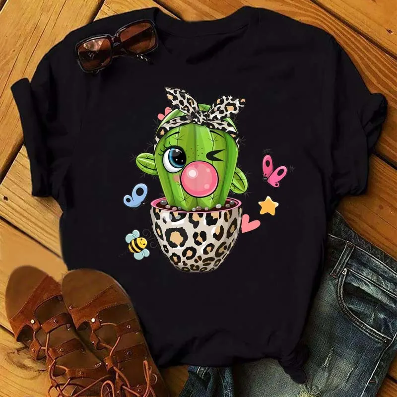 New Women\'s T-shirt Cute Leopard Cactus Print Top Women\'s T-shirt Casual O-neck Short Sleeve Streetwear Female Top T-shirt