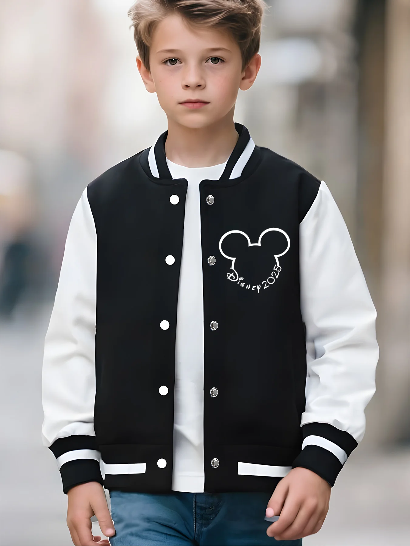 سترة بيسبول مينيسو ديزني للأولاد - صورة ظلية ميكي مخصصة، تذكارية حصرية لعام 2025، حفلات أعياد الميلاد، نزهات عائلية، S