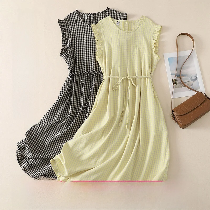 

Summer New Style Thin Cotton Linen Dress round Neck Short Sleeve Color Woven Grid Loose Fit Midi Dress Gauze Ear Look A-Line ...