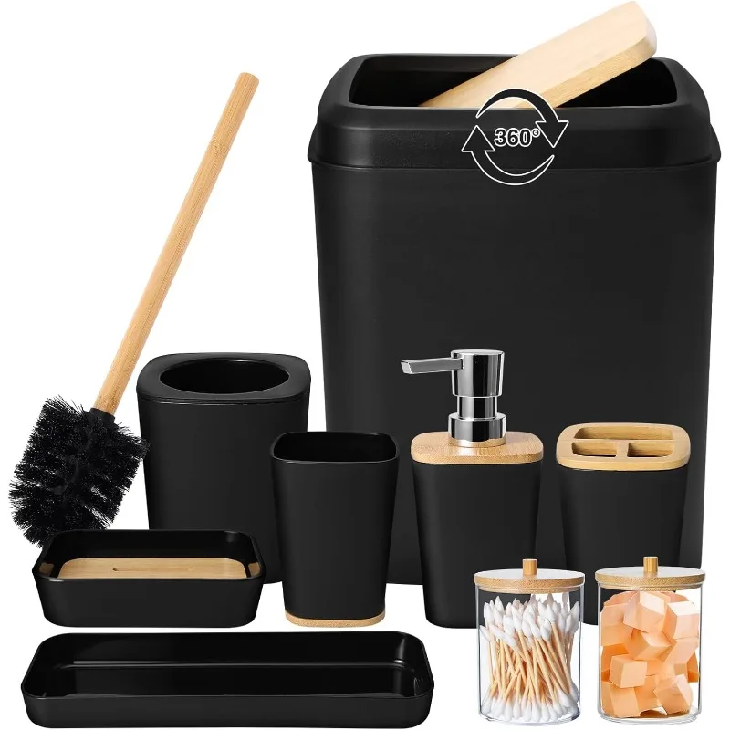 Bathroom Accessory Set Black Bathroom Set, 9 Piece Restroom Sets with Trash Can Bath Decor