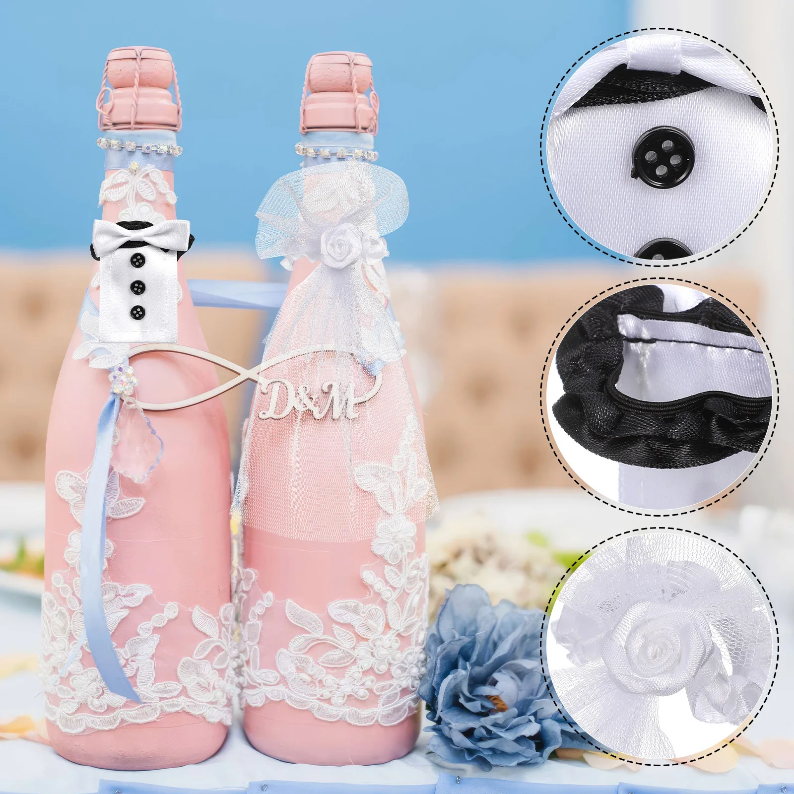 

2Pairs Wedding Wine Bottle Suit Chic Soft Material Wine Decor Suit Party Valentine's Day Bottle Ornament
