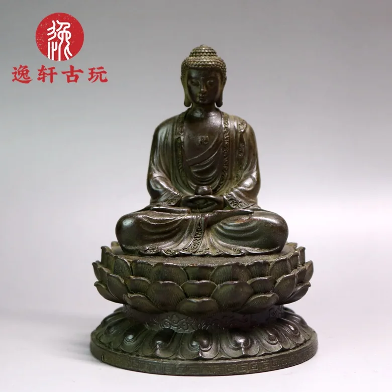 Vintage copper alloy Buddha ornament enshrines lotus base, Buddha statue of Shakyamuni vessel, exquisite copper statue