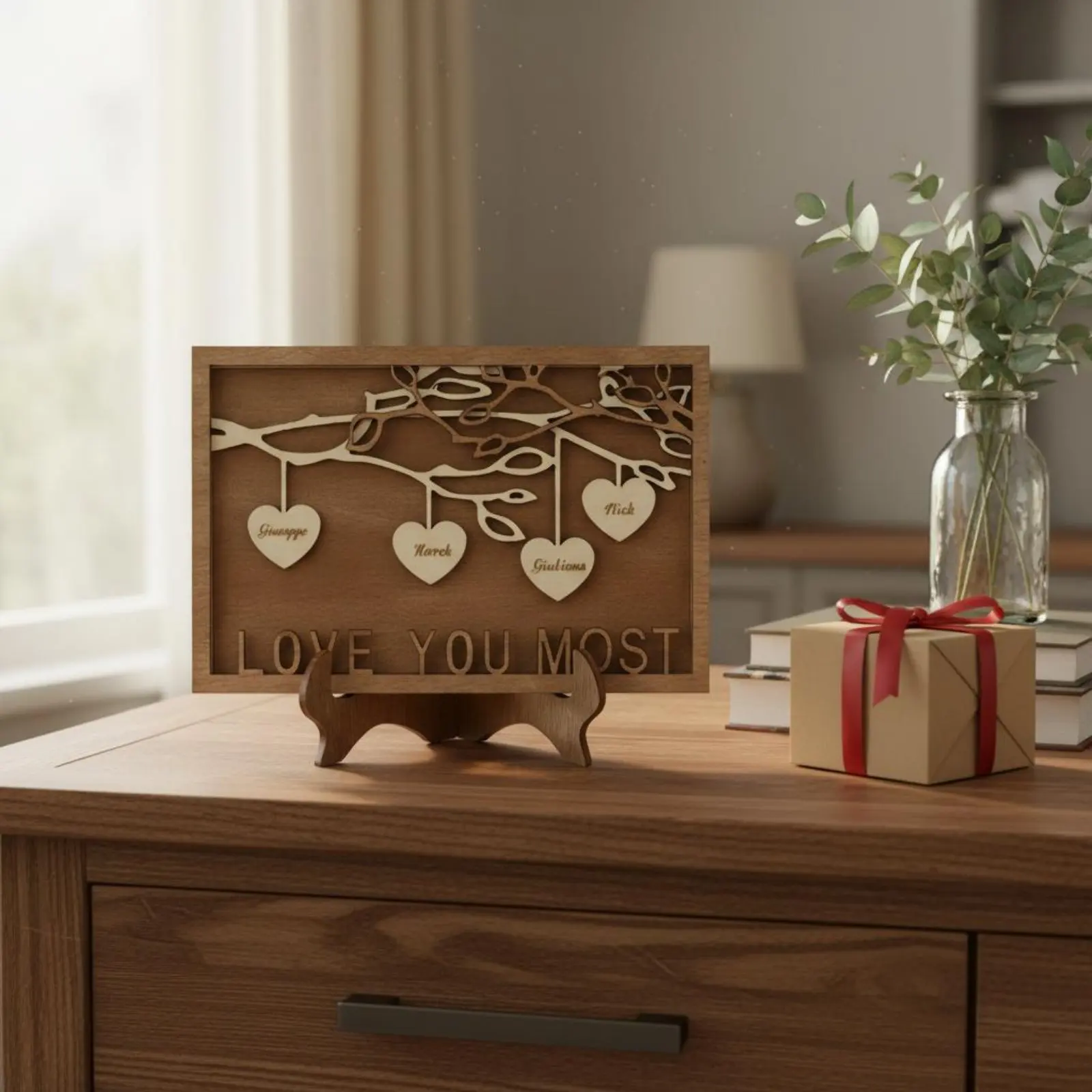 

Настольное украшение в виде дерева с именами членов семьи, гравировка имен, изящные края, для папы, на рабочий стол