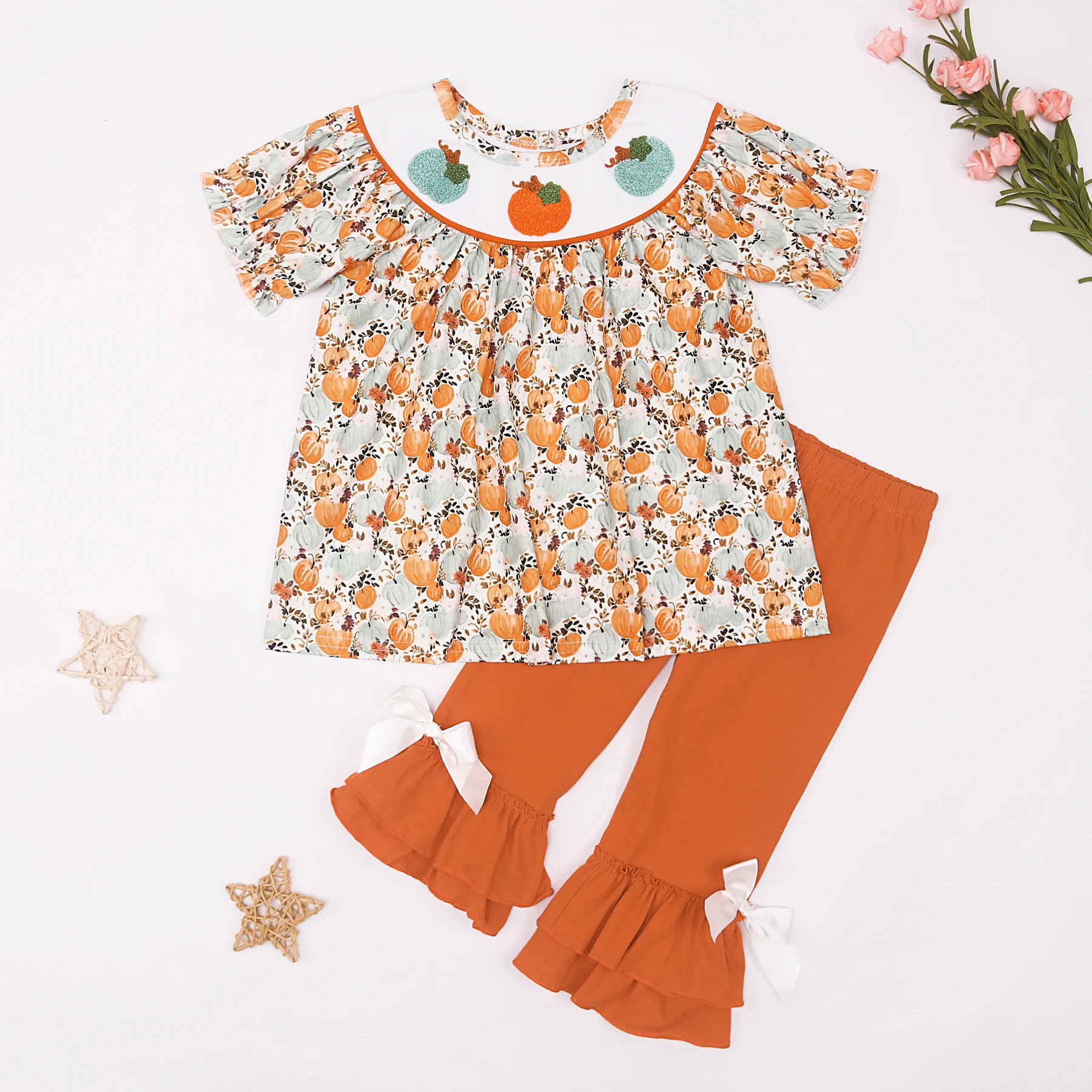 

French Knot Halloween Baby Girls Suit Short Sleeve Pumpkin Floral Set Cotton Chlidren Clothes Boutique Sweet Suit Kids Outfits