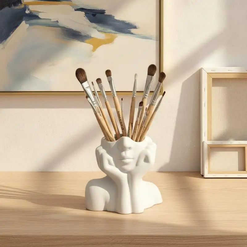 Abstract Face Hand Shaped Ceramic Holder Unique Design For Makeup Brush Storage Desktop Vanity Decor
