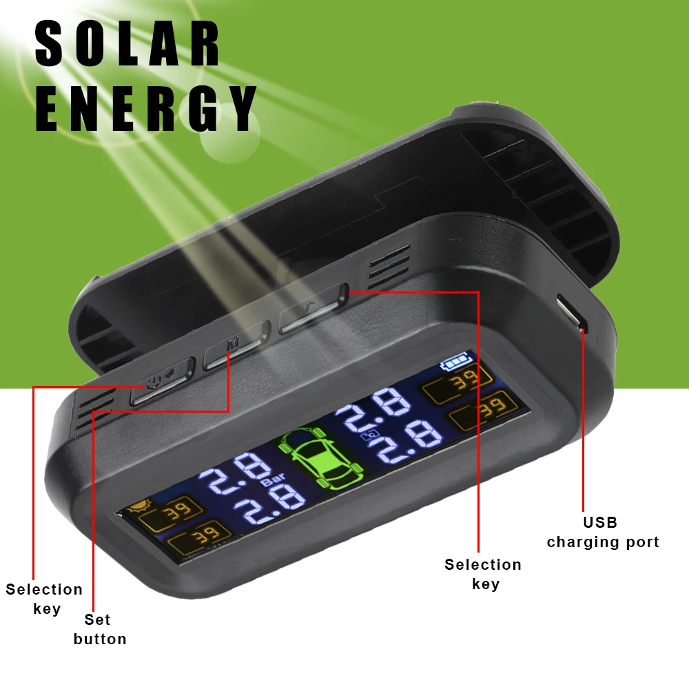 Tire Pressure Monitoring System Solar TPMS Temperature Warning Fuel Save With 4 External Sensors Car Tyre Pressure Monitor