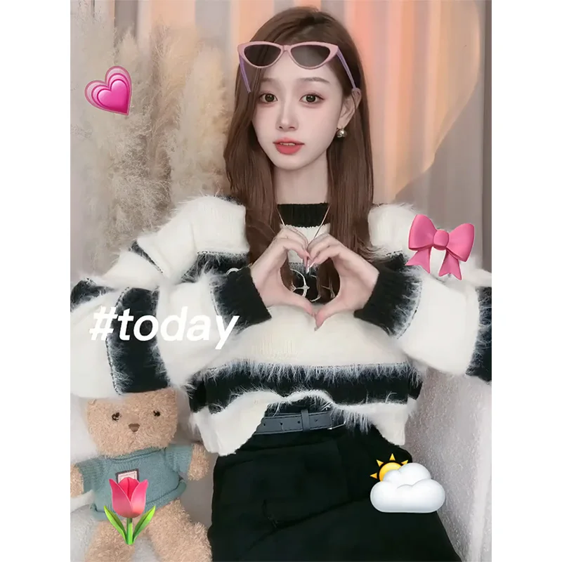 Women Autumn Winter Office Lady Simplicity Striped Color Blocking Knitting Women Clothes All-match Loose Pullover Long Sleeve Sw
