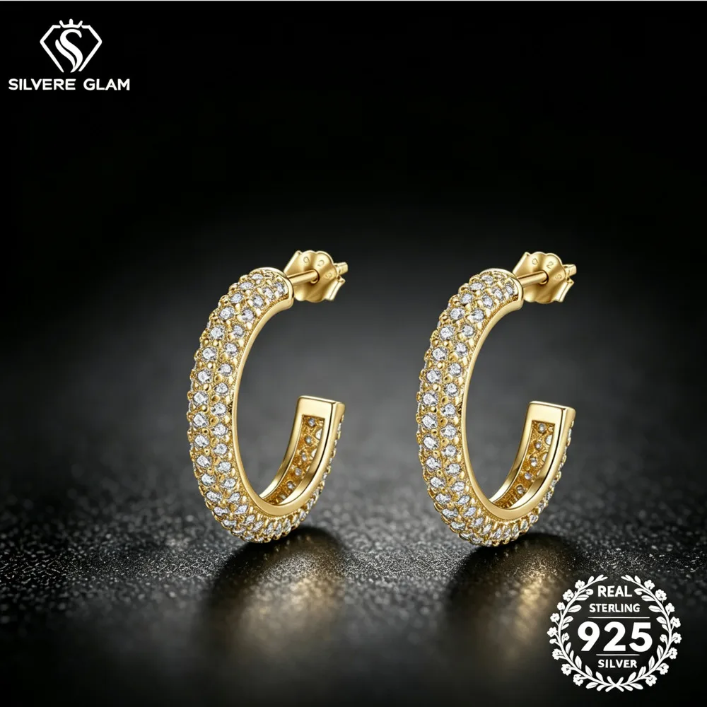 925 Sterling Silver Rectangle Cut D VVS1 Moissanite C Shape Hoop Earrings Full Paved Sparkling Women Party Fine Jewelry