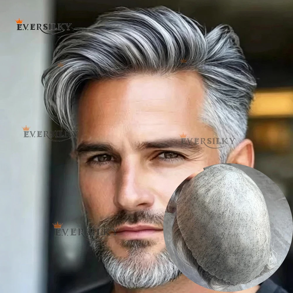 Durable Old Men Grey 1b501B65 1B80 Human Hair Natural Hairline Undetectable Poly Skin Silicon Toupee Comfortable Hair Patch Wig