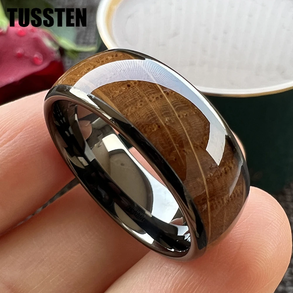 

TUSSTEN 6/8MM Black Tungsten Carbide Ring For Men Women Wedding Band Whisky Barrel Oak Wood Inlay Domed Comfort Fit