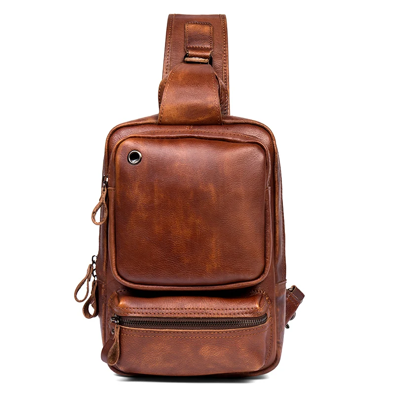 Vegetable tanned cowhide hand-colored chest-wrapped leather shoulder bag leisure leather chest bag trend