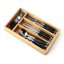 Jaswehome 24Pcs Laguiole Cutlery Black Handle Tableware Set Stainless steel Steak Knife Dinner Fork Spoons With Wooden Box Set