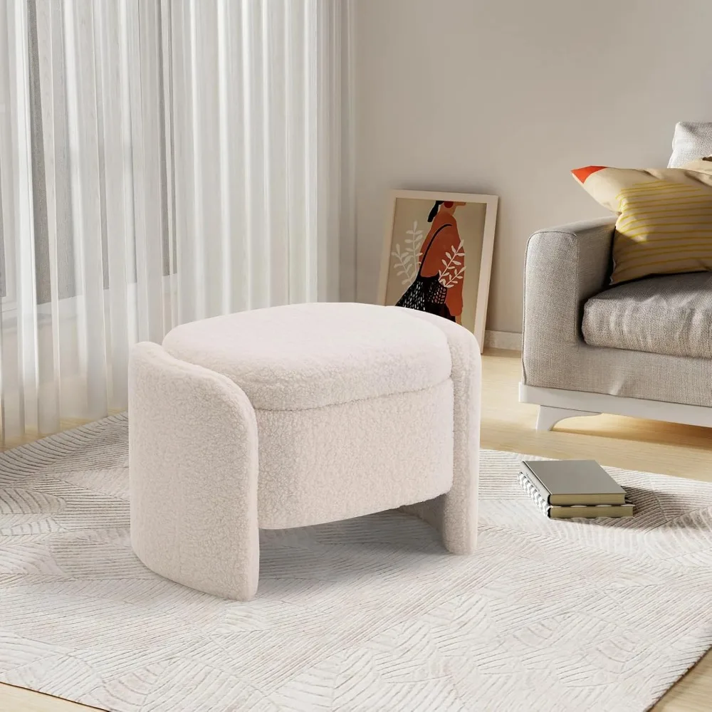 

27 Inch Teddy Fabric Oval Storage Ottoman, Upholstered Foot Stools Ottoman with Storage, Vanity Stool, Modern Multifunctional