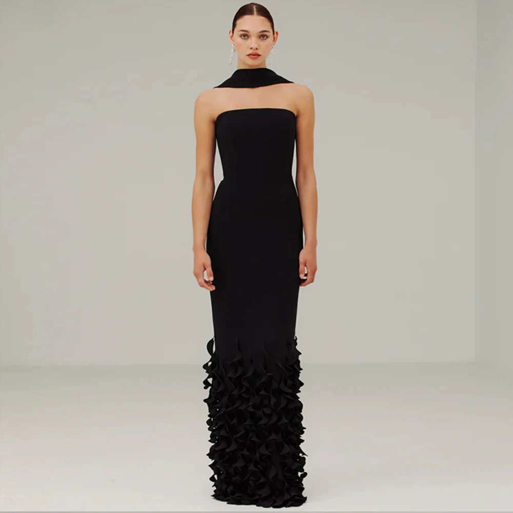 

Индивидуальные вечерние платья с шарфом на шее и оборками, элегантное платье для выпускного вечера, женские прямые черные вечерние платья без бретелек, длинные