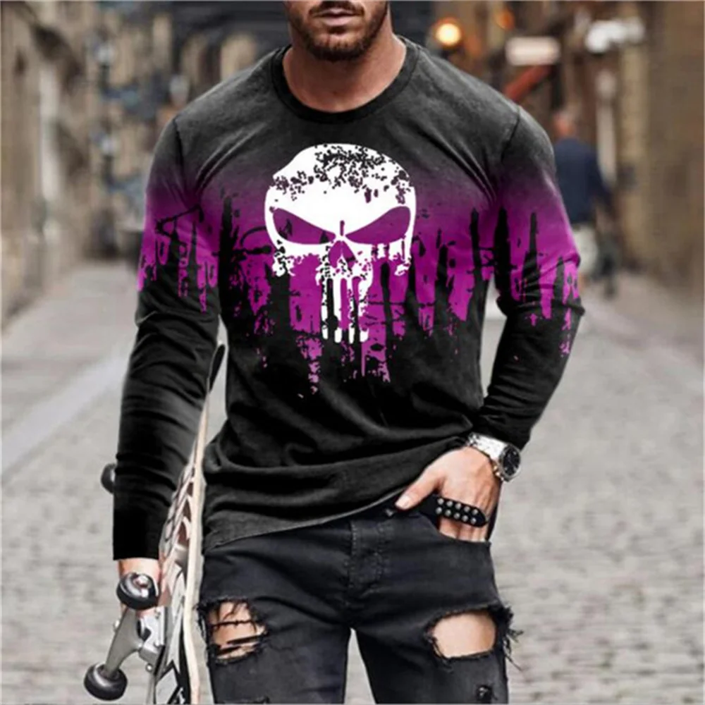 3D Printing Skull Male Long Sleeve T-shirt Round Neck Men\'s Clothing XXS -6XL Large Size Men Clothing High Quality Fibre Top