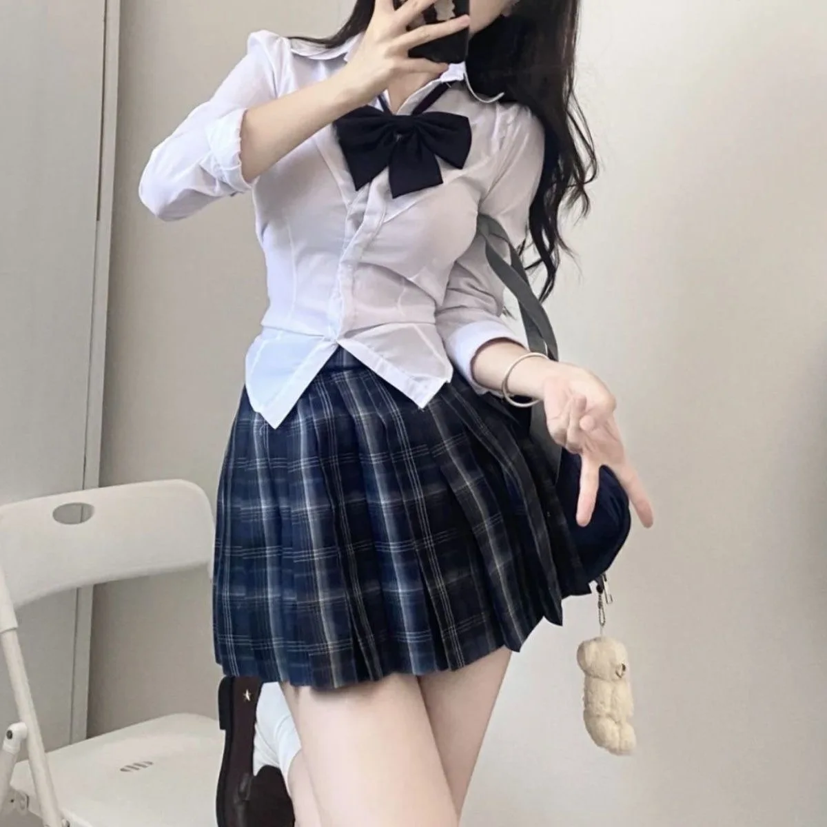 S-8xl plus size American Jk school uniform original uniform bow pleated skirt college style slim shirt high waist skirt suit