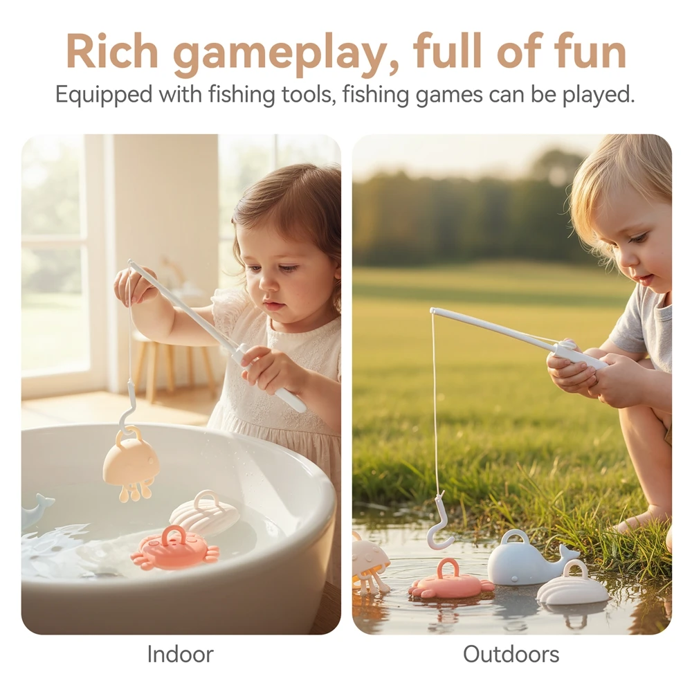 

Baby Teether Fishing Game Bath Toys Baby Finger Exercise Toy Cartoon Marine Animal Silicone Teething And Chewing Toy No BPA Gift