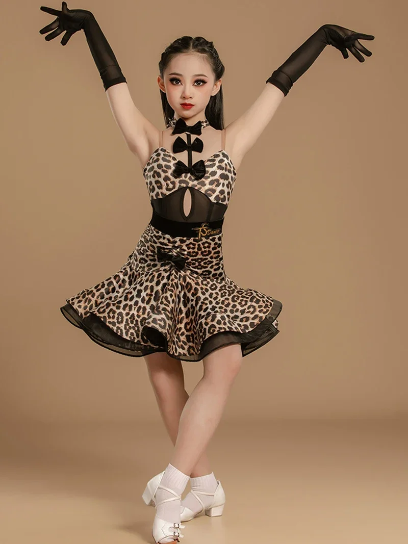 Erwachsene Kinder Lycra Ärmellose Leopardenmuster Latin Dance Kostüme Kinder Mädchen Ballsaal Wettbewerb Dancewear Mesh Kleider