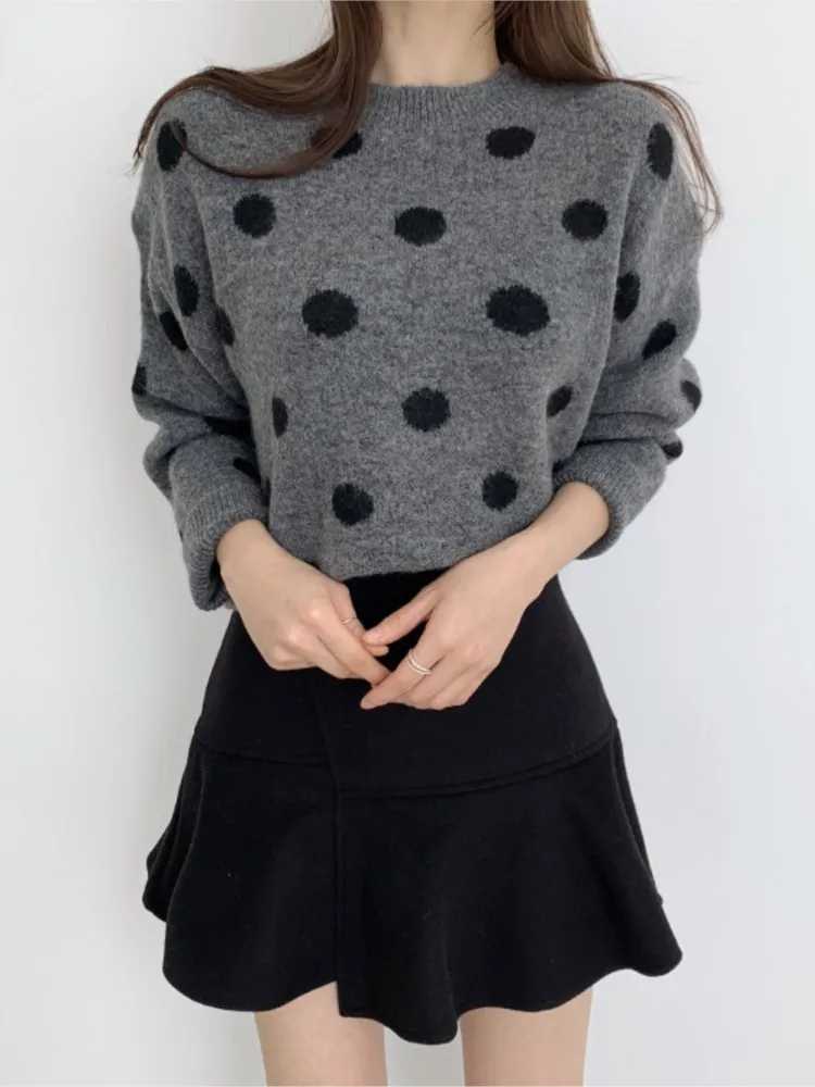 Gestrickte Herbst Polka Dot Print Pullover Pullover Frauen Koreanischen Stil Casual Lose Damen Pullover Mode Frau Pullover Tops