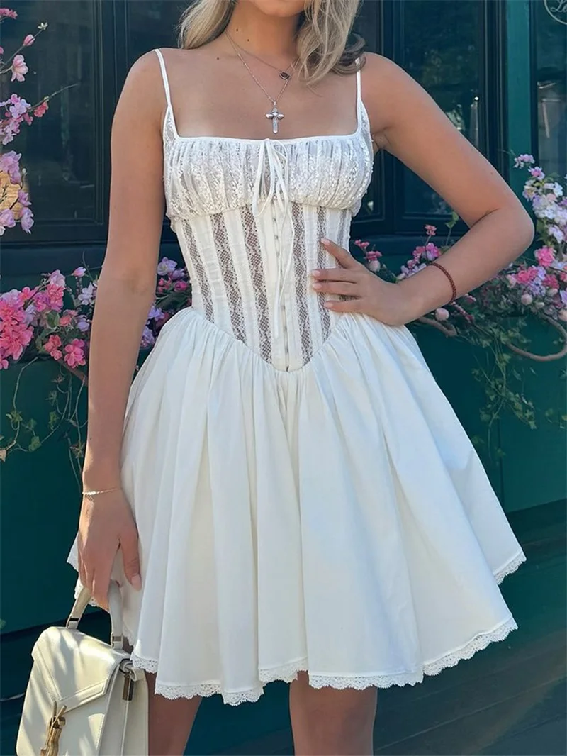 

Spaghetti Strap Square Collar Lace Women's Autumn Ball Gown Backless Sheath Slim Bandage Gown White Middle Waist Party Skirt