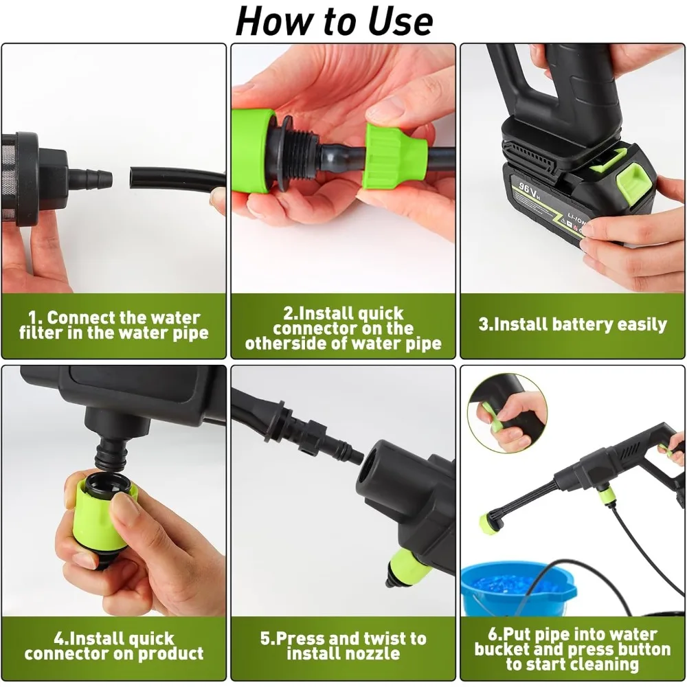 Bezprzewodowa myjka ciśnieniowa, 1200 PSI, zasilana akumulatorowo, z dyszą pianową, dysza 6-w-1, przenośna myjka ciśnieniowa do samochodu, patio, domu i ogrodu.