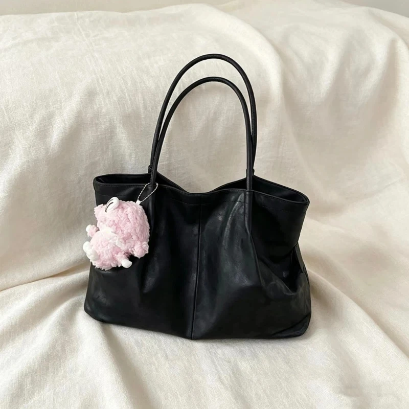 Retro Soft Leather Pleated Tote Bag Solid Color Large Capacity Buckle Handbag Autumn Winter Fashionable Simple Shoulder Bag New