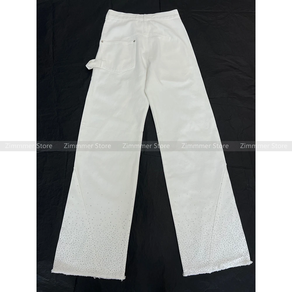 Damskie niszowe spodnie z szerokimi nogawkami High Street Spice Rhinestone Raw Cut White Denim