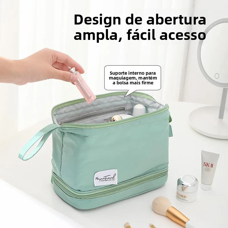 新しい二層式ポータブル大容量女性用メイクアップバッグ、旅行用防水ポリエステル製化粧品収納バッグ