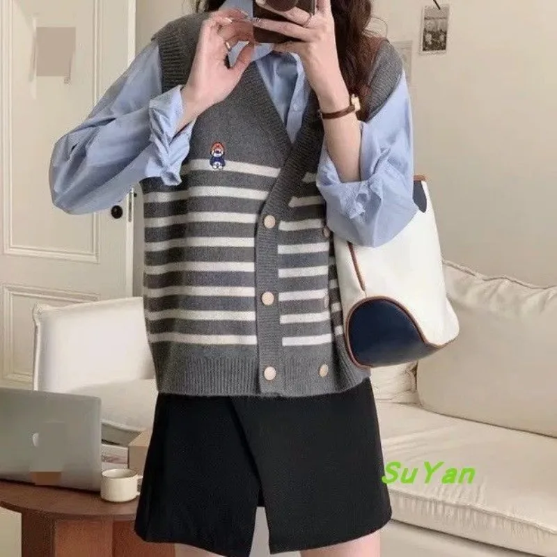 V-neck double breasted heavy work embroidery sweater vest spring and autumn stacked color matching striped vest cardigan female