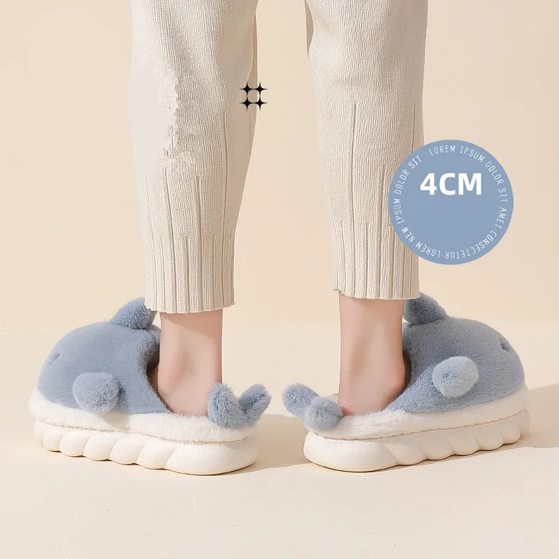 Funny Animal Shark Cotton Slippers Women's Thick Soles Home Slipper 2022 Winter New Warm Non Slip Lovely Plush Couple Slippers