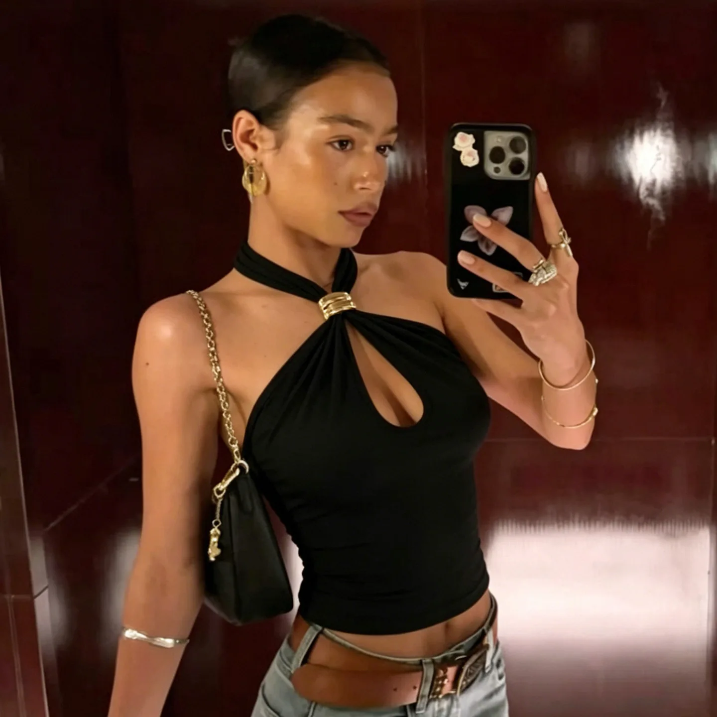 Fashionable Metal Ring Decoration Hollow out Waterdrop Neck Hanging Strap Street Style Sexy Spicy Girl Trendy Vest Women's Kn...