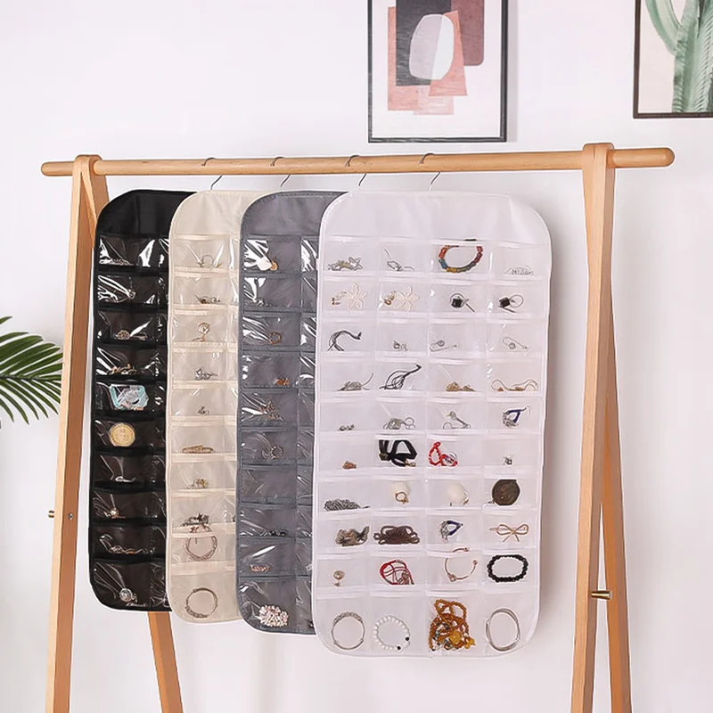 80Pockets Jewelry Storage Hanging Bag Double Sided Dustproof Necklace Ring Display Organizer Storage Bags Behind Cabinet Door