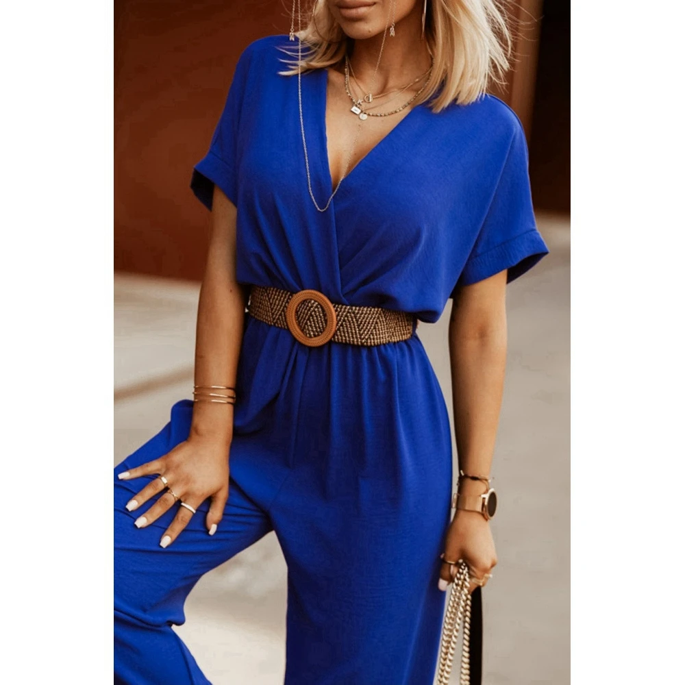 2023 Spring Summer Women\'s Belt Solid Color Short Sleeve Jumpsuits Set Femme Elegant V-neck Office Lady Work Streetwear Clothing