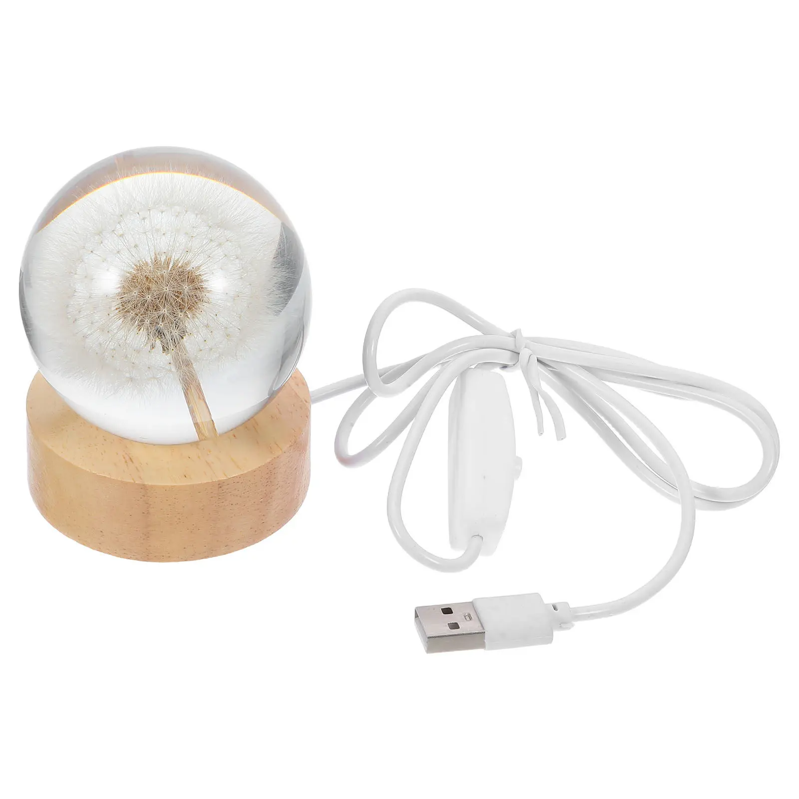 1Set Dandelion Crystal Ball Night Light Solid Wood Base Bedroom Decor Soft Glow LED Decorative Sphere Lamp Anniversary Gift