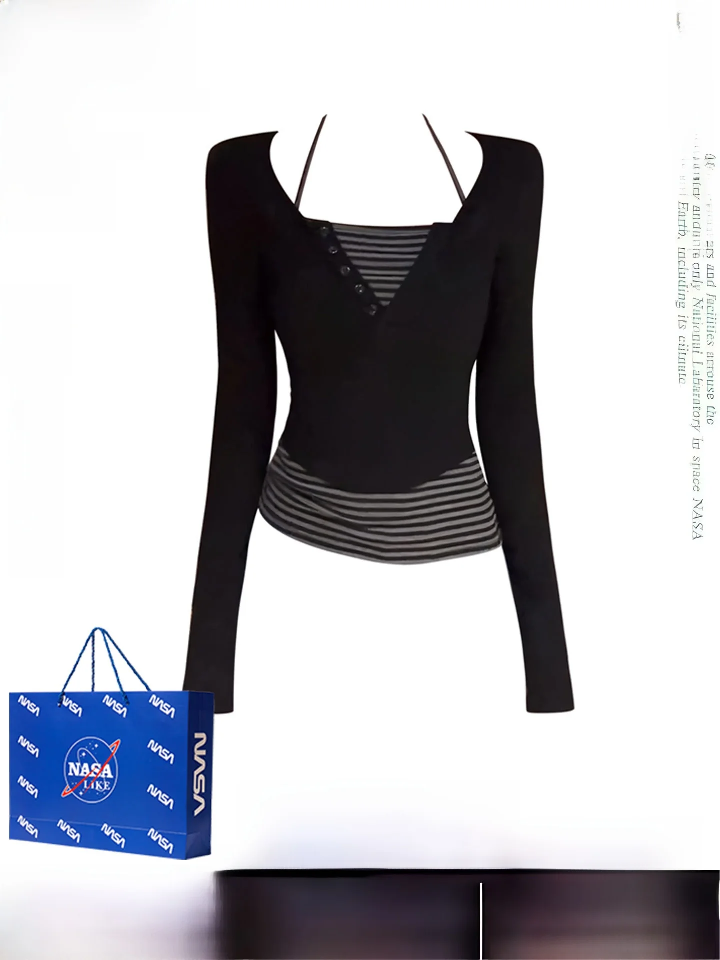 

Retro American Striped Splice Long Sve T-irt Women Spring Slimming V-Ne Top Faionable Casual Breathable Inner Wear