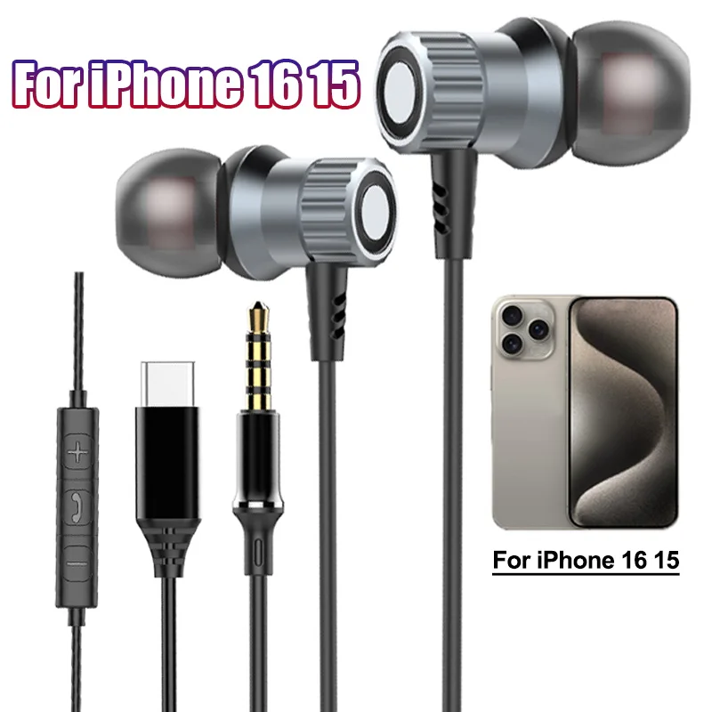 

For iPhone 16 15 Type C In-ear Headphones With Microphone Type C Wired Earphone Phone Tablet Universal USB 3.5mm Music Headset