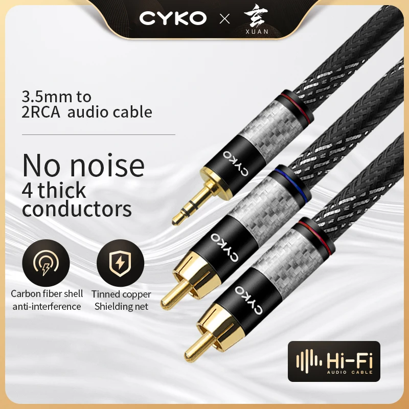 CYKO Audio Cable Hifi 6N OFC 3.5mm To 2RCA Cables Aux Gold-plated Plug Male To Male for Computer Speaker Mobile Phone