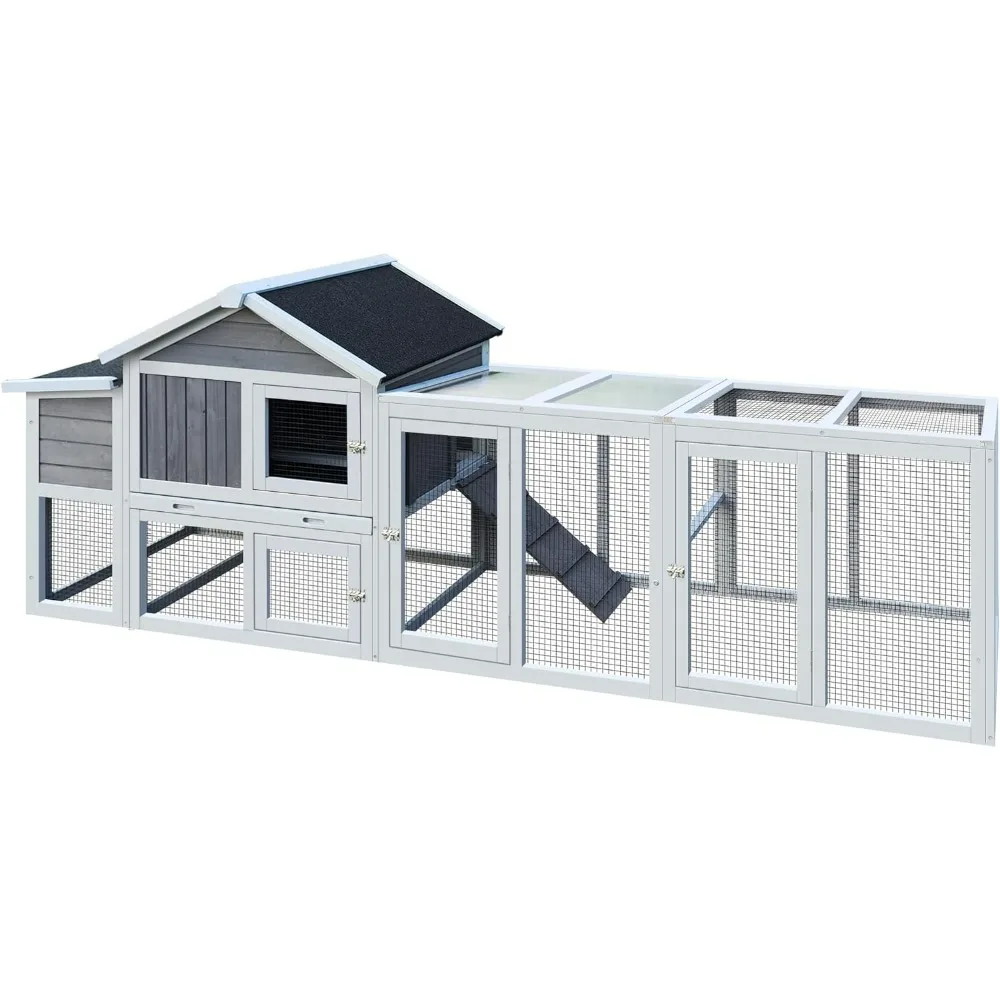 

111.5" Wooden Chicken Coop, Large Hen House with Run and Nesting Box Poultry Cage, Rabbit Hutch, Waterproof Anti-UV Panel