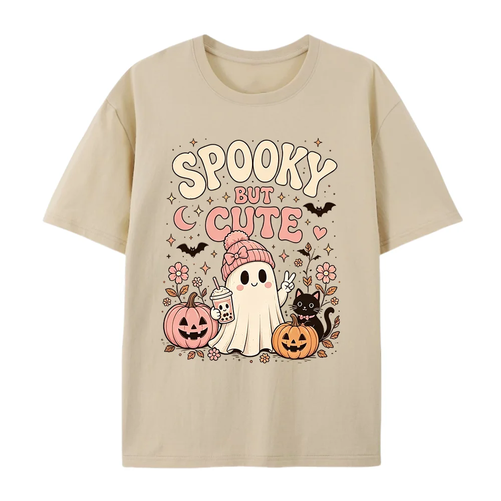 Spooky But Cute Halloween Ghost Graphic T Shirt Unisex Oversized Short Sleeve Cute Pumpkin Black Cat Bat Floral Casual Tee