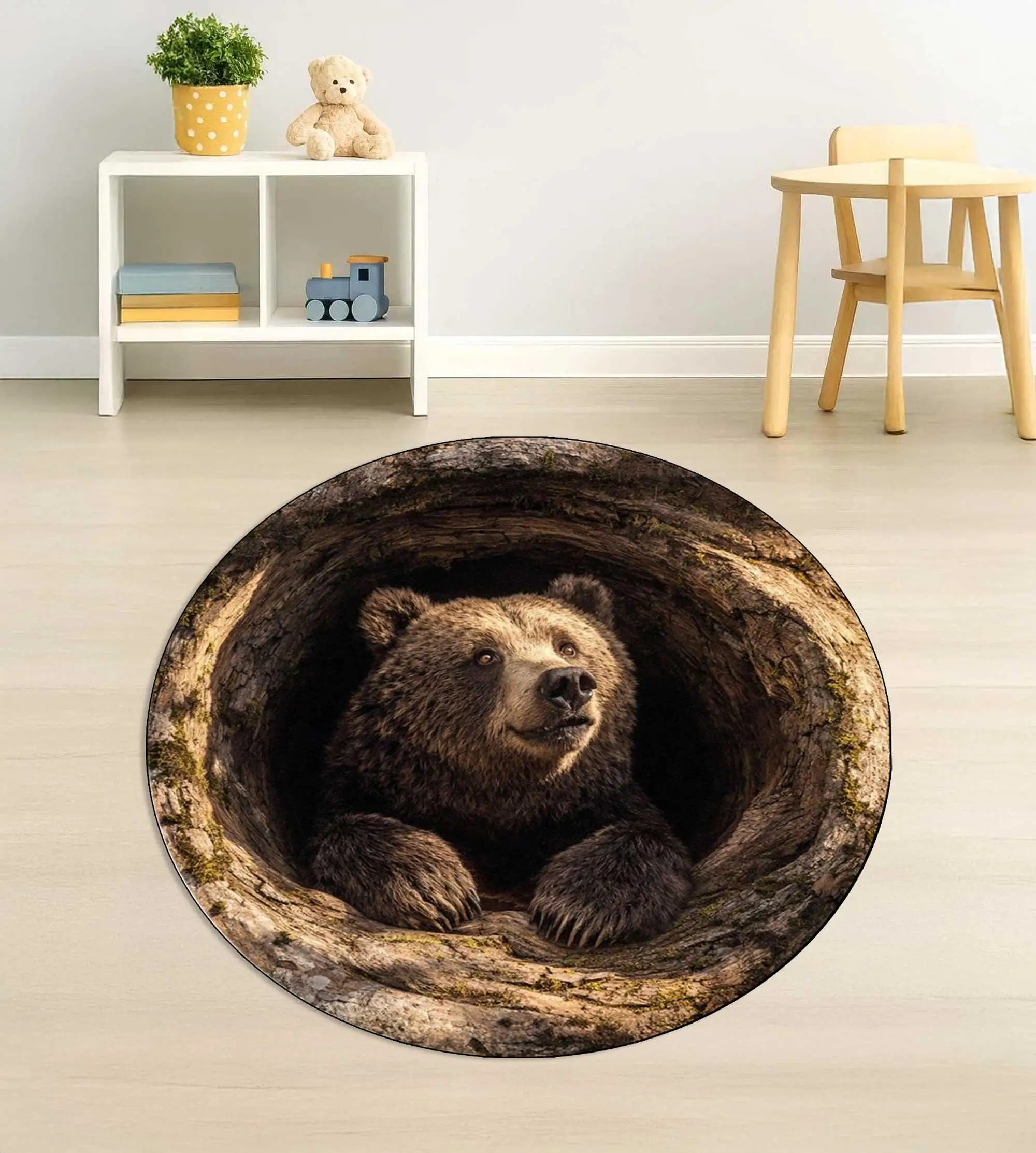 3D Effect Brown Bear Round Area Rug Wilderness Tree Hole Circle Carpet Washable Non Slip Realistic Living Room Floor Decor