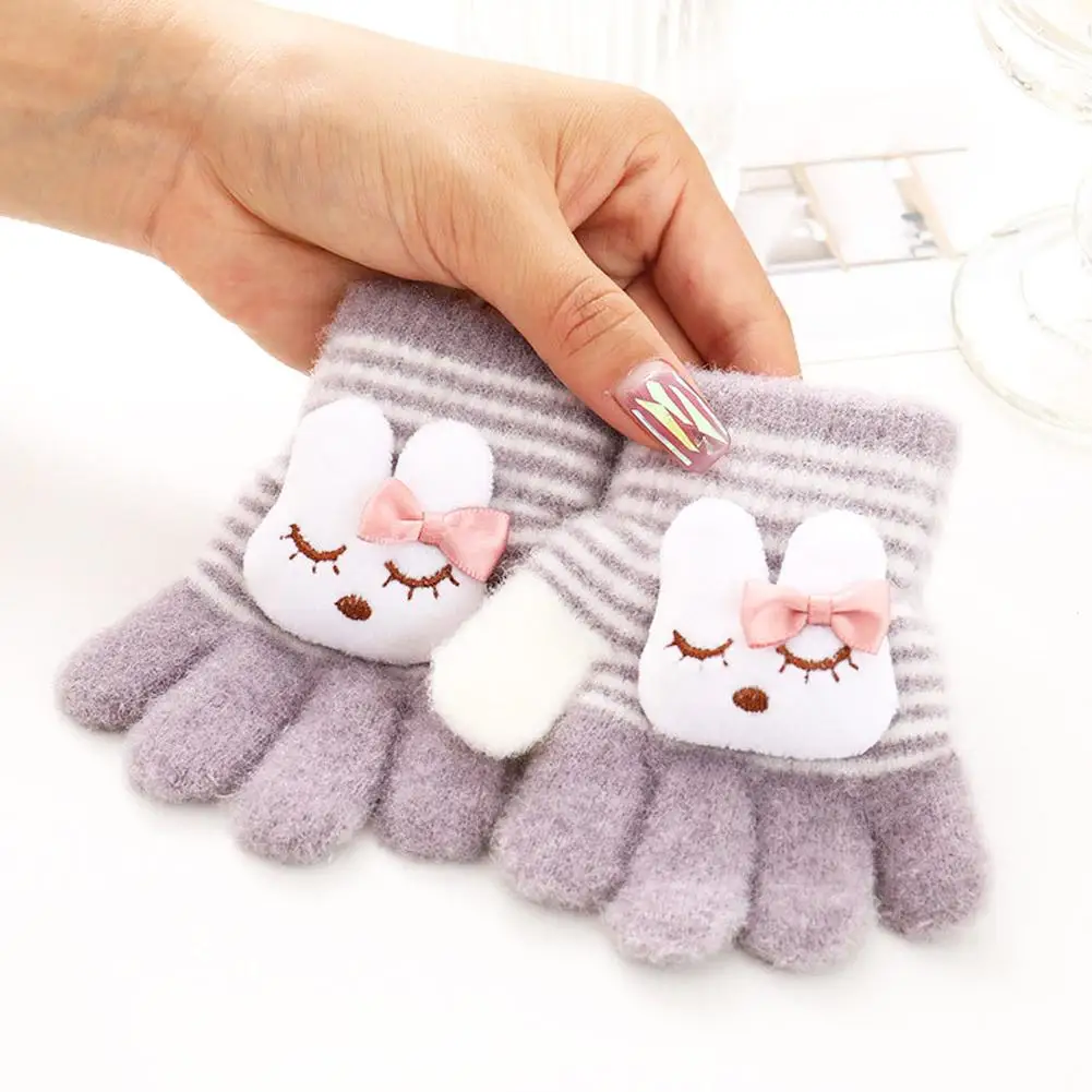 

Зимние теплые детские перчатки с милым мультяшным кроликом и медведем, вязаные перчатки с пятью пальцами для детского сада, мальчиков и девочек