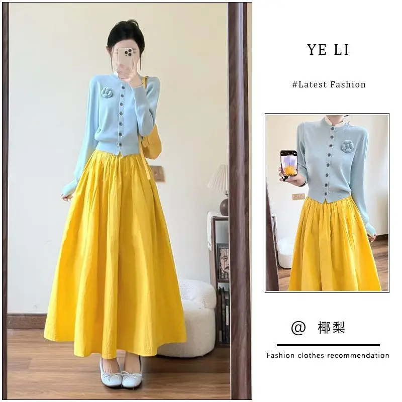 

Fashion Suit Women's Spring and Autumn New Style Long Sleeved Knitted Cardigan High Waisted Skirt Two-piece Set