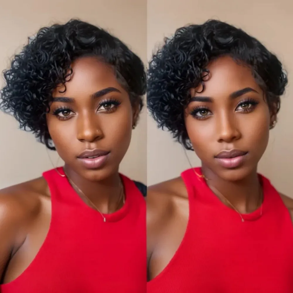 짧은 곱슬 픽시컷 가발 인모 13X4X1 클로저 글루리스 가발 인모 프리 플러킹 프리 컷