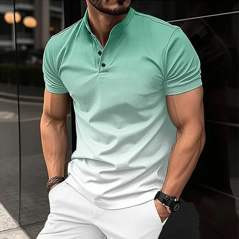 

Summer Men's New 3D Gradient Contrast Henley Neck Short sleeved Polo Shirt Business Casual Button Fashion Breathable T-shirt