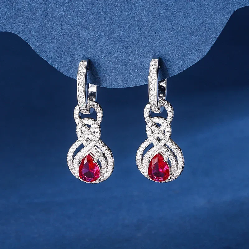 New jewelry S925 silver plated 18K gold inlaid with retro red corundum blue spinel droplets women's earrings main stone 5*7