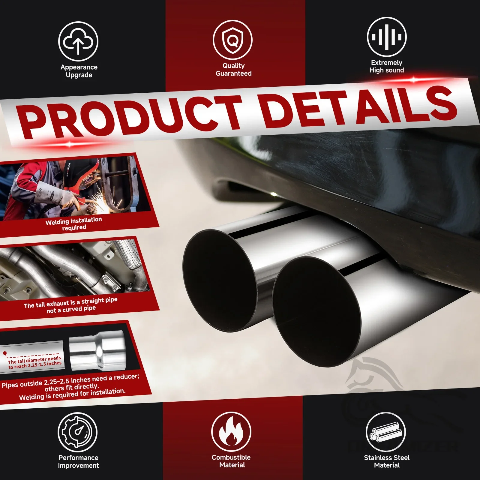 العالمي 2.5 "في 3.5" خارج 19 "طويل الفولاذ المقاوم للصدأ أنابيب الانفجار العادم الخمار تلميح سهلة لاستبدال كاتم صوت ماسورة عادم السيارة