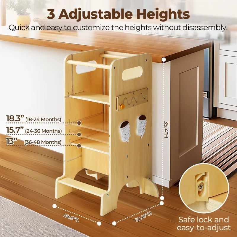 برج الأثاث للأطفال الصغار 4 في 1، مساعد مقعد المطبخ للأطفال الصغار، برج قائم قابل للتعديل لطاولة المطبخ مع لوح الأمان #4