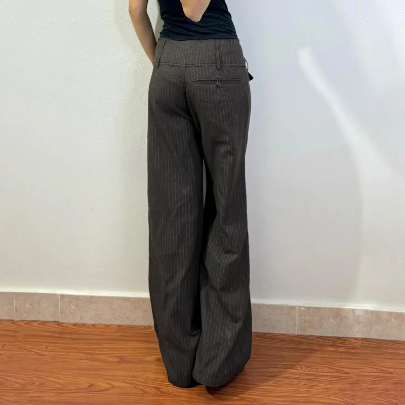 XIZOU 90s Retro Button-up Striped Pants Women Low Rise Loose Wid-leg Casual Pants for Summer Streetwear Y2K Aesthetic Trousers